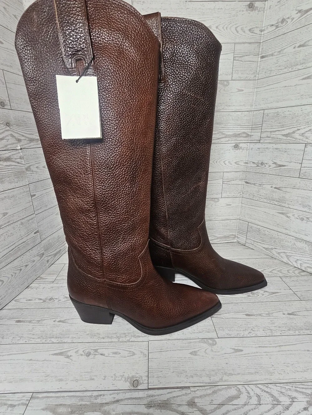 NWT ZARA Brown Pebbled Leather Western Cowboy Boots Women's 6.5 EUR 37